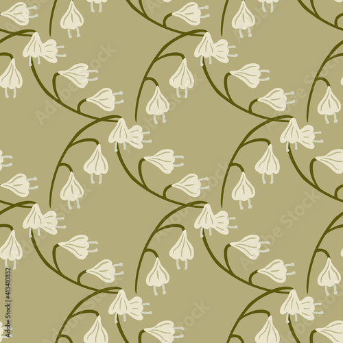 Pale geometric seamless pattern with light grey bell flower ornament. Green olive background.