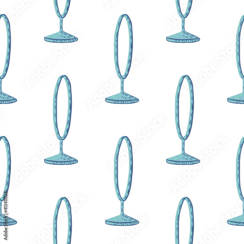 Isolated seamless pattern with doodle blue colored circus ring shapes. White background. Hand drawn backdrop.