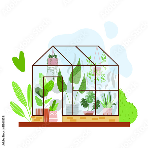 Planting glass greenhouse. Glass orangery, botanical garden greenhouse, flowers and potted plants home gardening isolated vector illustration. Urban jungle
