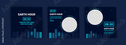 Collection of social media posts for the earth hour. Campaign for climate change awareness by turning off unused lights and electronic equipment for 1 hour.