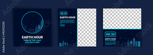 Collection of social media posts for the earth hour. Campaign for climate change awareness by turning off unused lights and electronic equipment for 1 hour.