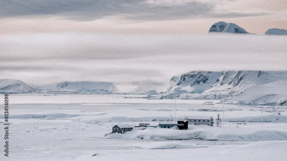Collapse, destruction of Glacier. Antarctica Timelapse of white snow and ice landscape on Galindez Island, Argentine Islands Archipelago. Science for Antarctic expedition at cold and stormy wheather Collapse, destruction of Glacier. Antarctica Timelapse of white snow and ice landscape on Galindez Island, Argentine Islands Archipelago. Science for Antarctic expedition at cold and stormy wheather