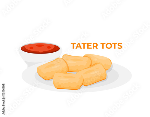 illustration of a food. tater tots or french fries, a bowl filled with tomato sauce. happy tater tots day. flat style. vector element design