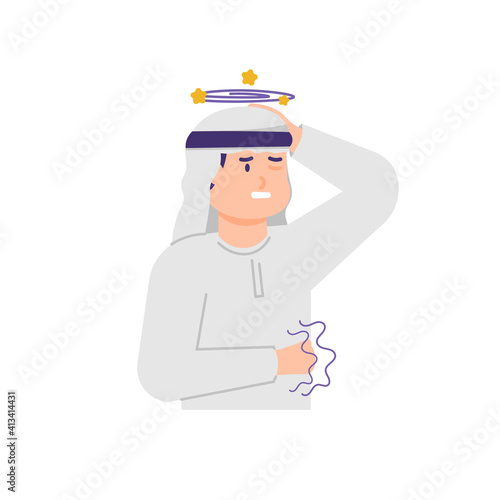 an Arab man felt dizzy and nauseous. the effects of motion sickness, colds, and stomach pain. hands holding head and stomach. expression of an unhealthy person. flat style. vector design element