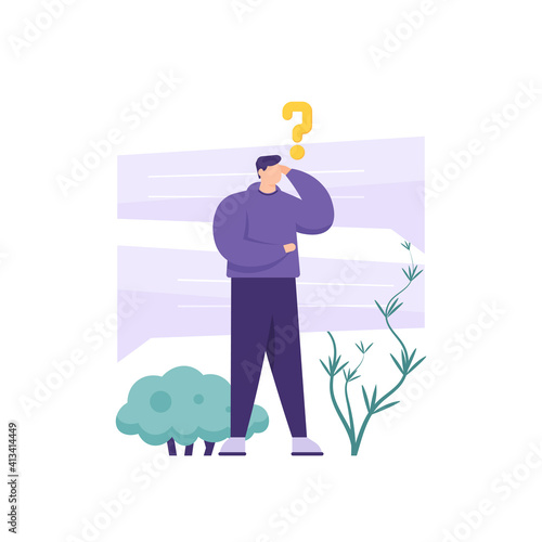 an illustration of a man who is confused or wants to ask a question. concept Frequently asked questions or FAQs, question marks around people, online support centers, messages or help chat. vector