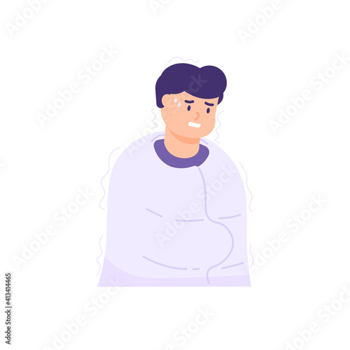 a man uses a blanket because he is shivering or has a fever. the expression of a person who is sick or unwell. flat style. vector design element