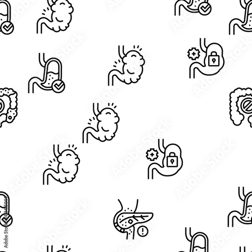 Digestion Disease And Treatment Icons Set Vector. Digestion System And Gastrointestinal Tract, Examining And Consultation, Heartburn And Gassing Black Contour Illustrations