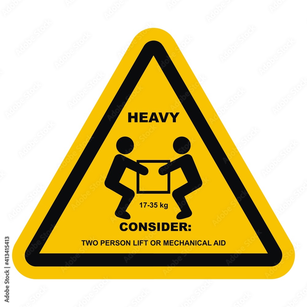 warning sign, handling heavy loads, vector icon, yellow triangle frame warning sign, handling heavy loads, vector icon, yellow triangle frame