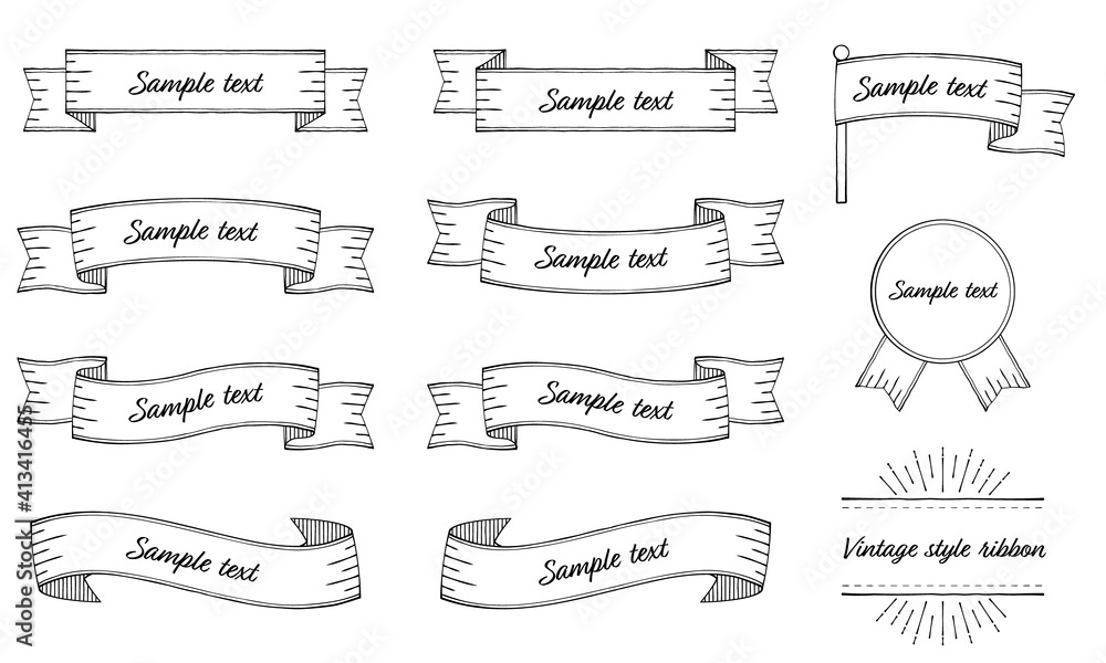 Vintage style ribbon illustration set (vector, white background, cut out)
