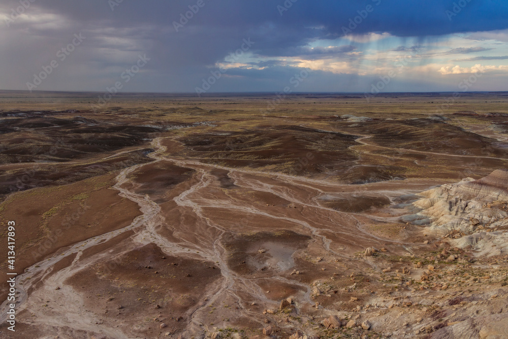 Rain in the distance at the Painted Desert of Petrified Forest National Park, Arizona