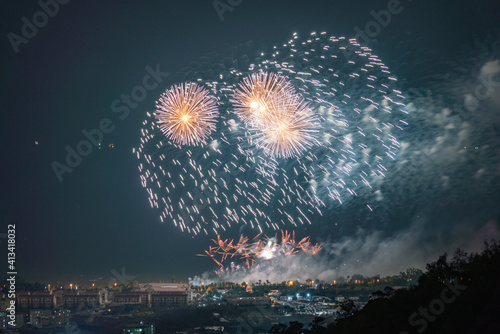 Fireworks for Spring Festival, Chinese New Year's Day, on Huangcuo Beach in Xiamen City and Jinmen City, China photo