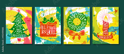 Holiday greetings set with hand drawn tree, gift, wreath and glowing candle with abstract brushed and spattered background. For cards, social media covers, invitations, Christmas design elements.