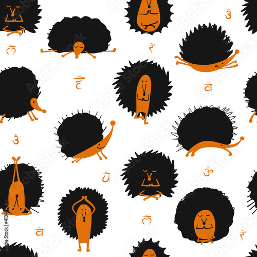 Hedgehogs doing Yoga. Funny characters for your design. Seamless Pattern