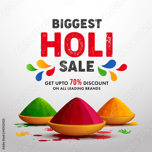 Vector illustration of colorful Happy Holi Advertisement Promotional backgroundd for Festival of Colors celebration greetings and sale, offer discount