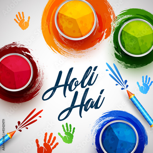 Vector illustration of colorful promotional background for Festival of Colors celebration with message Holi Hai meaning Its Holi.