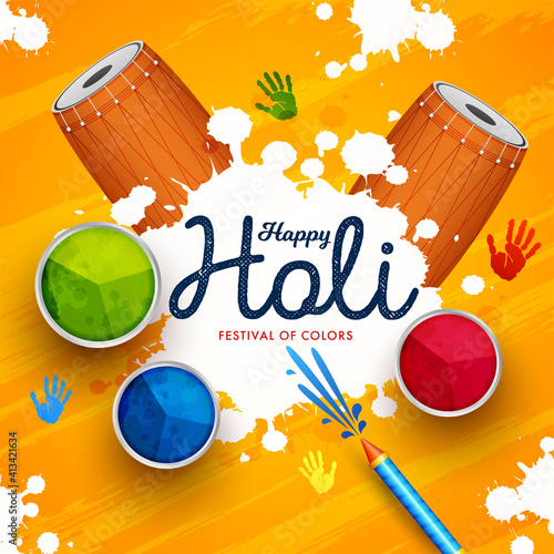 Holi background flat lay. Colorful holi powder, dhol and water gun on yellow background with color splash. Vector illustration