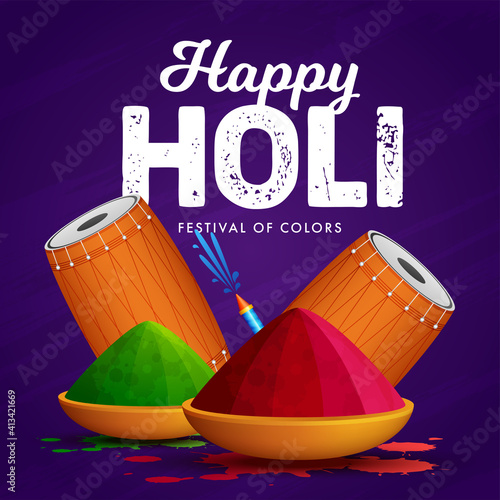 Holi background. Colorful holi powder, dhol and water gun on dark purple background with color splash. Vector illustration
