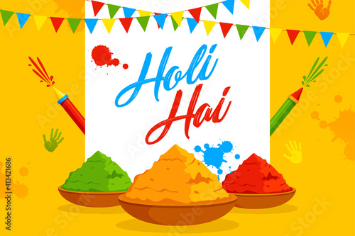 Holi background flat lay. Colorful holi powder and decorative flags on yellow background with color splash. Vector illustration