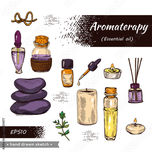 Collection of aromatherapy accessories. Detailed hand-drawn sketches,