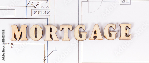 Inscription mortgage on construction housing plan, buying house concept