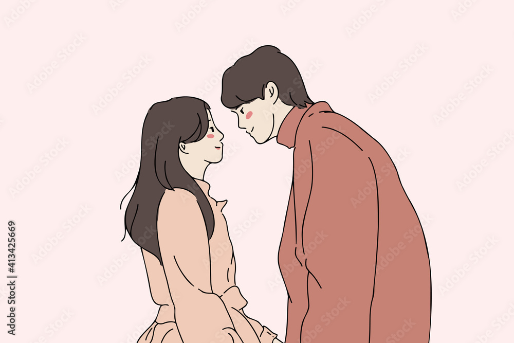 romantic couple in love looking at each other before kissing. Hand-drawn style vector illustration of young couple romantic couple in love looking at each other before kissing. Hand-drawn style vector illustration of young couple