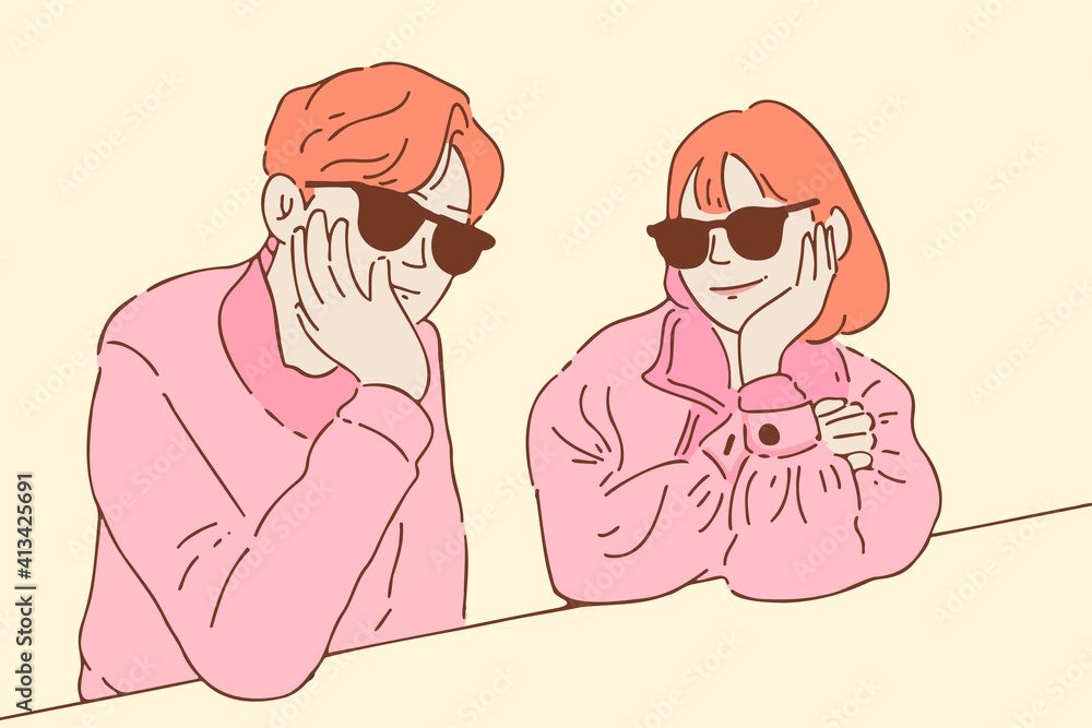 Plakat Young couple wearing sunglasses posing with hand on chin hand-drawn style vector illustration