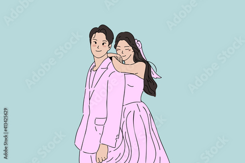 Groom and bride characters in wedding dresses. Hand drawn style vector design illustrations of wedding couple.