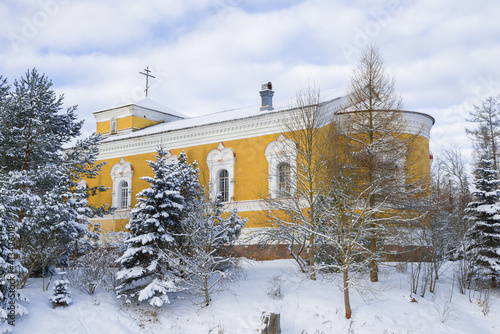 Church of St. Nicholas the Wonderworker in Belogorka on February afternoon. Leningrad region. Russia photo