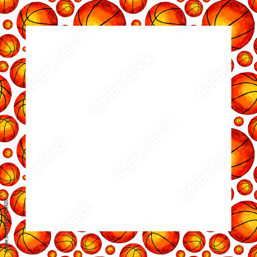 Watercolor square frame decorated with basqueball balls. Orange rubber ball. Team sport. Isolated on white background.