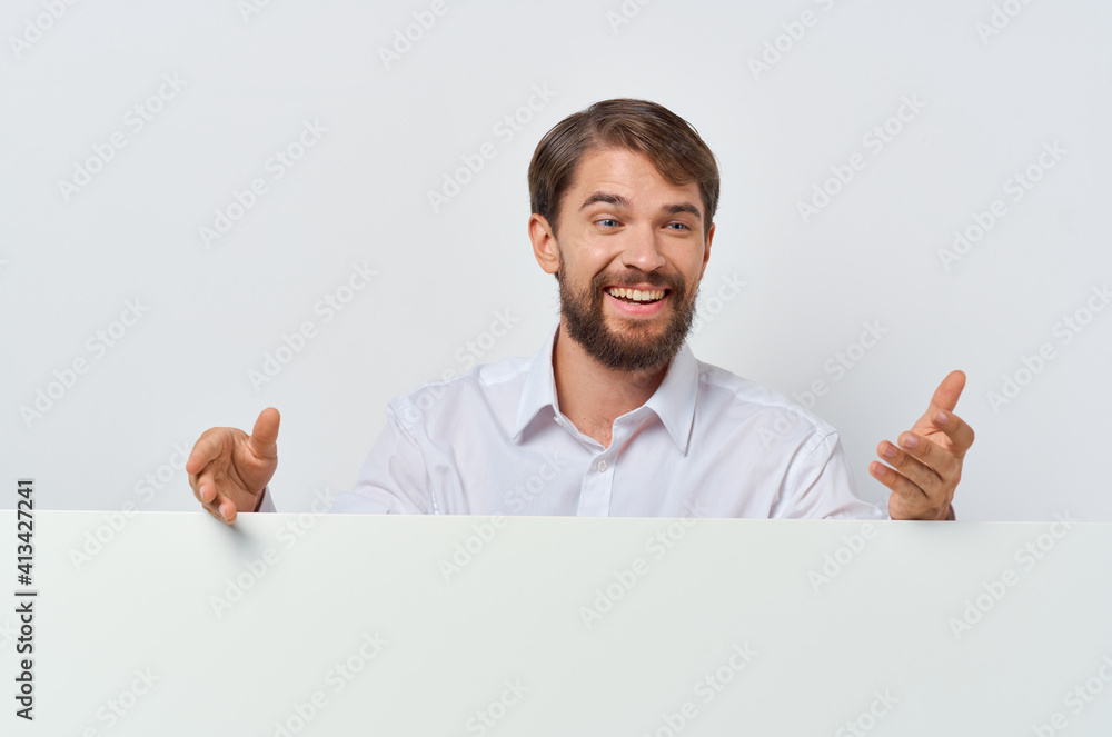man in white shirt white banner Copy Space cropped view man in white shirt white banner Copy Space cropped view