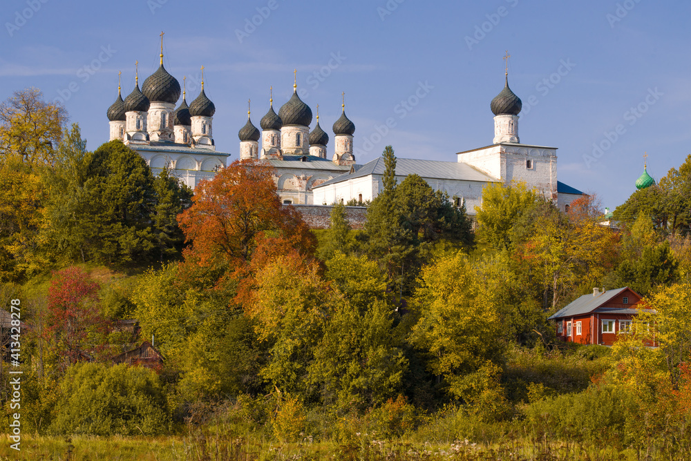 View of the domes of the Holy Trinity Makaryevo-Unzhensky monastery in golden autumn. Makariev. Kostroma region, Russia