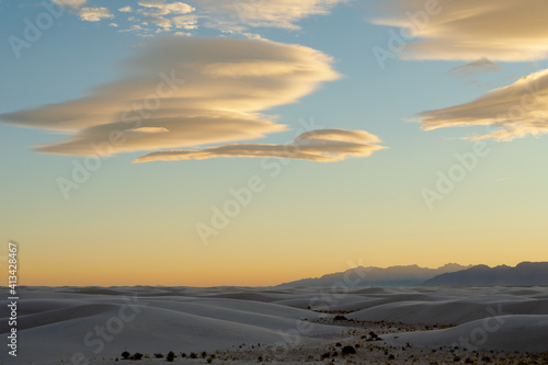 dramatic landscape photos of the largest gypsum sand dunes in the world. The White Sands National Park in the Chihuahuan desert in New Mexico. One of USA's newest national park.  photo