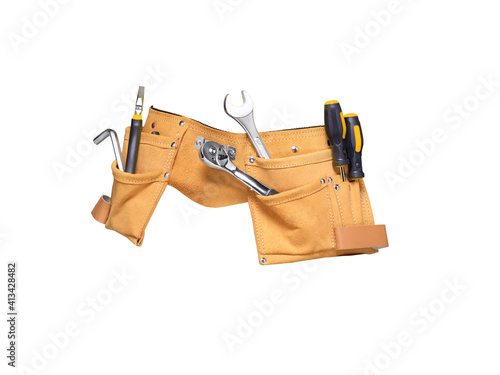 Foto Tool belt with tools isolated on white background