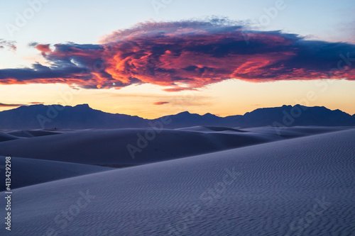 dramatic landscape photos of the largest gypsum sand dunes in the world. The White Sands National Park in the Chihuahuan desert in New Mexico. One of USA's newest national park.  photo