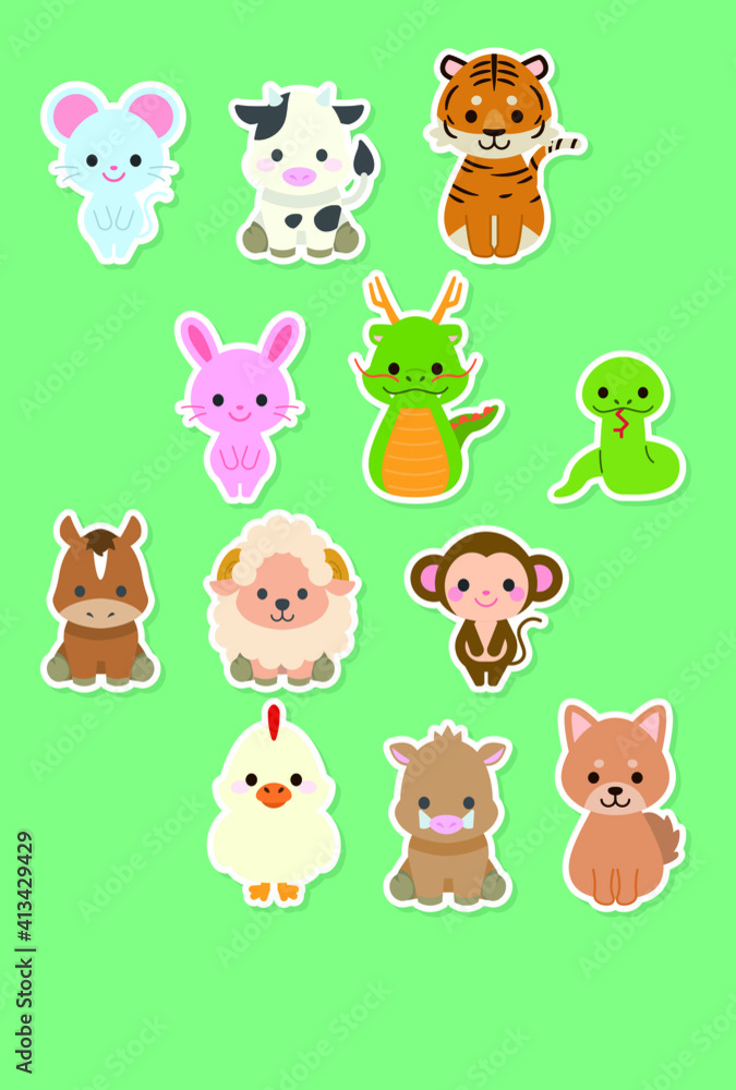 Obraz premium 十二支新年イラストカード : Zodiac New Year Illustration Card