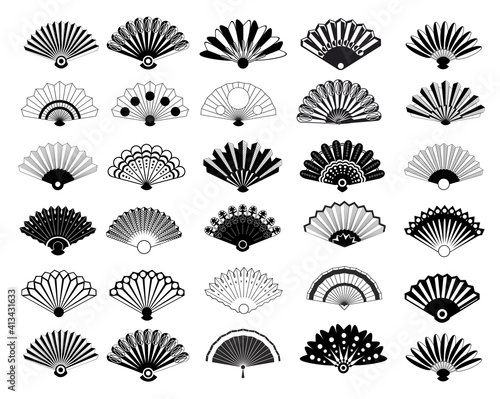 Vintage elegant oriental fans of set vector silhouettes. Oriental fan chinese, decoration japanese souvenir illustration. Chinese or japanese paper fan symbols isolated on white background
