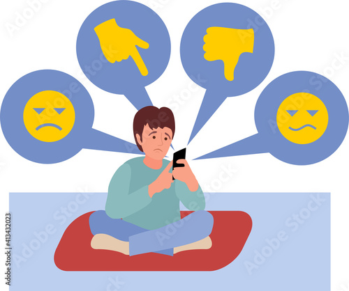 Teenagers psychological problems. Cyber bullying in social networks and online abuse concept. Cyber bullying from phone and boy sad due to haters messages. Vector flat illustration