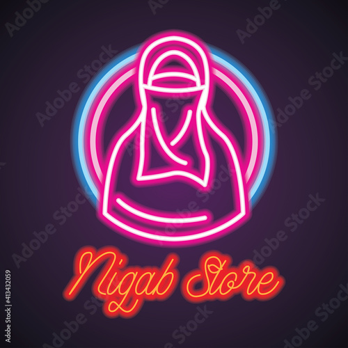 hijab logo with neon sign effect for hijab and niqab store, vector illustration