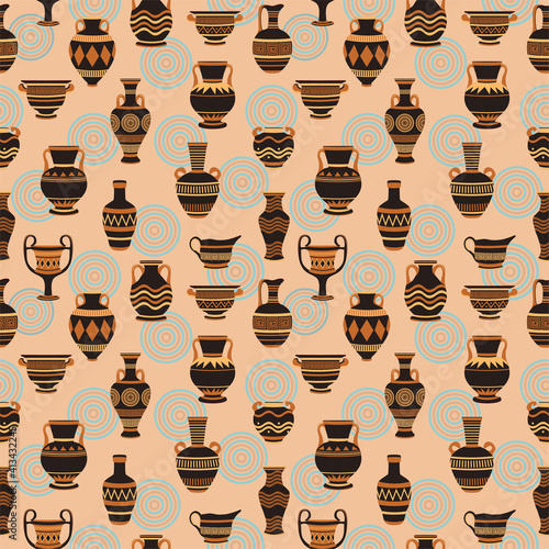 Vases vector seamless pattern. Ancient bowls background. Amphora, pottery greece seamless pattern.