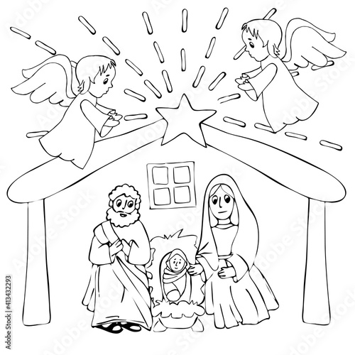 Hand drawn coloring pages for kids and adult. A Christmas nativity scene coloring cartoon