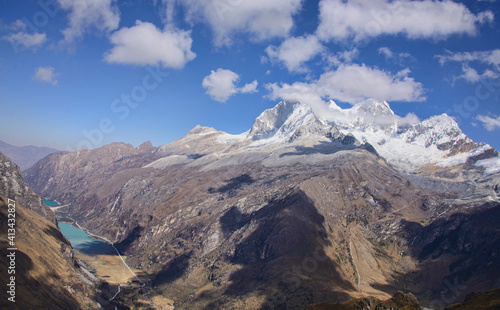 The Llanganuco lakes of Chinancocha and Orconcocha seen from Portachuelo Pass  Cordillera Blanca  Ancash  Peru