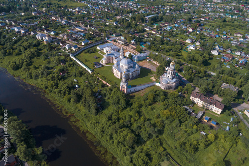 View from a great height to the Borisoglebsky monastery on a July sunny day. Torzhok, Russia