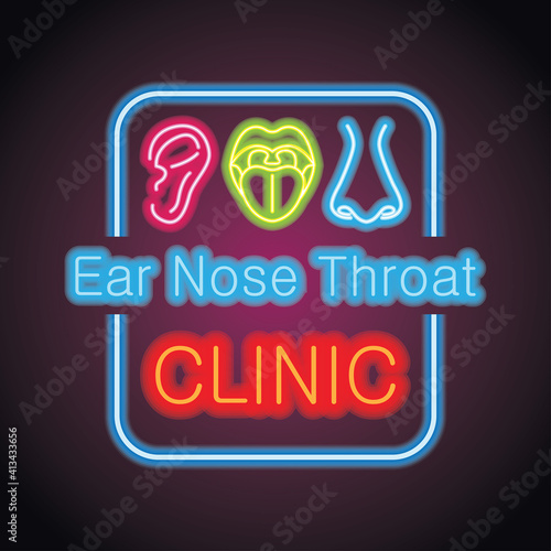 ear nose throat (ENT) neon sign plank for Otolaryngologists  clinic concept. vector illustration