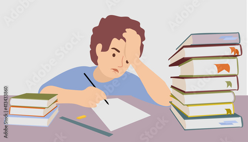 Difficulty learning from a teenager. Difficulties in study. The tired child doesn t want to study. Education vector concept student need help to do homework at home