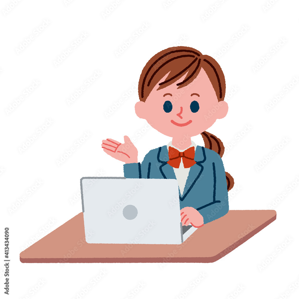 パソコンを使用している女子学生のイラスト素材 パソコンを使用している女子学生のイラスト素材