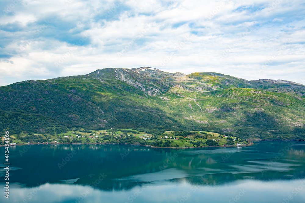 View over fjord in Norway, beautiful view to the mountains