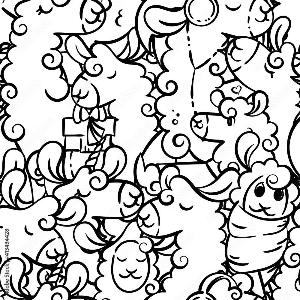 Obraz premium Seamless pattern with cute, curly llamas and alpacas. Illustration for coloring pages, children and adults prints