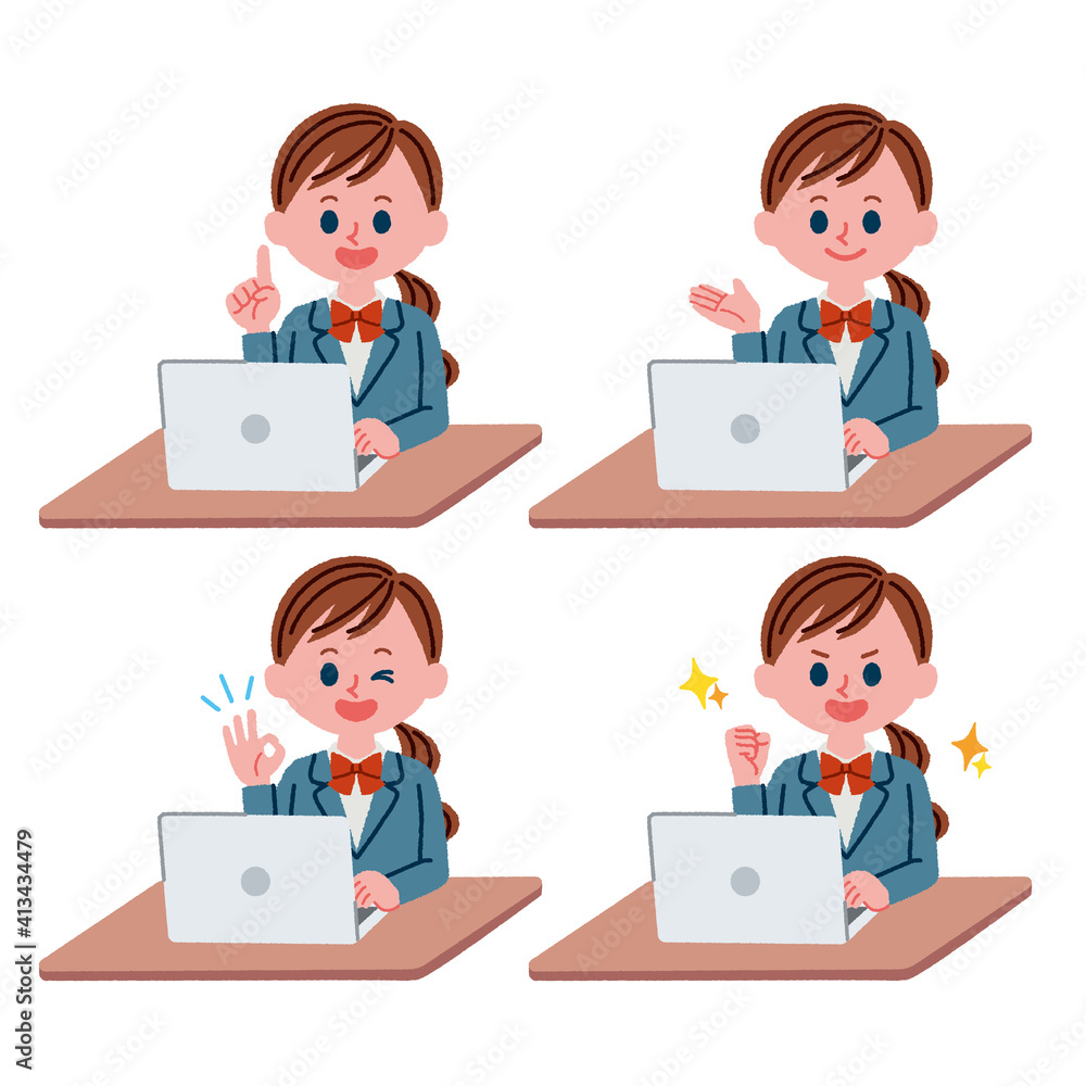 パソコンを使用している女子学生のイラスト素材