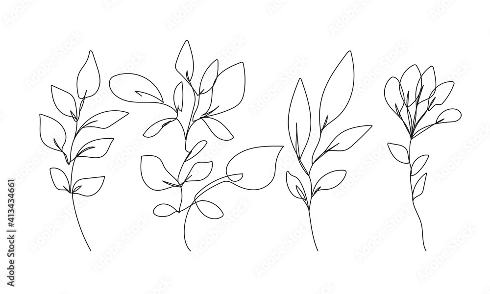 One Line Drawing of Flowers with Leaves Set. Botanical Modern Single Line Art, Aesthetic Contour. Perfect for Home Decor, Wall Art Posters, or t-shirt Print, Mobile Case. Vector EPS 10 One Line Drawing of Flowers with Leaves Set. Botanical Modern Single Line Art, Aesthetic Contour. Perfect for Home Decor, Wall Art Posters, or t-shirt Print, Mobile Case. Vector EPS 10