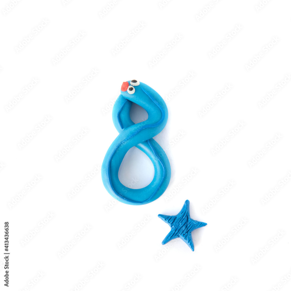 Number 8 made from colorful plasticine isolated on white background. Learning numbers with child.